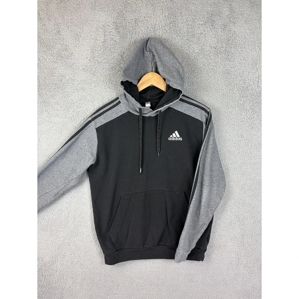 Adidas Hoodie Mens Small Black Gray 3-Stripes Pullover Kangaroo Pocket Mens